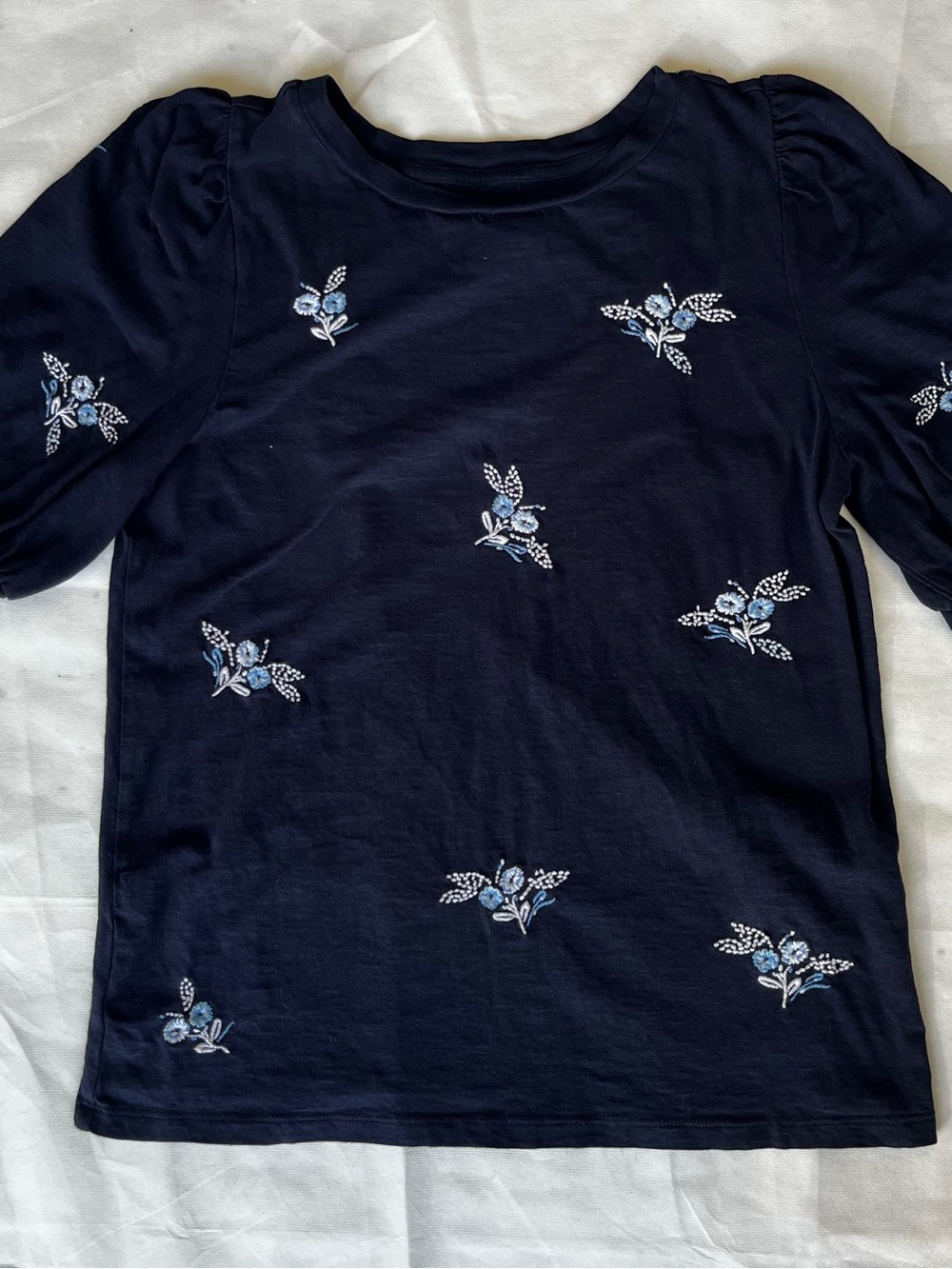 LOFT Navy Tee with Light Blue Floral Embroidery 100% Cotton